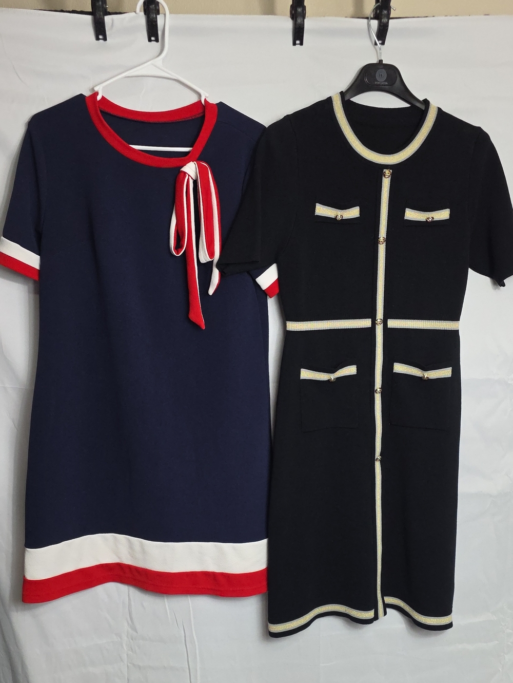 Navy Short Sleeve Dress W Red & White Trim & A Black Dress W Gold Trim (W734)